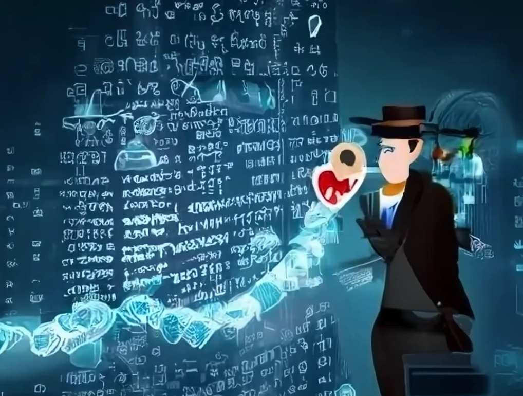 Cartoon man in front of blue data wall