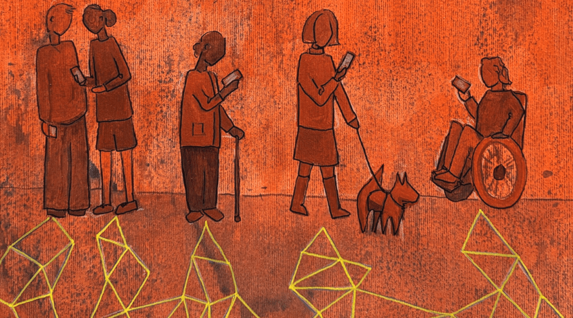 Painting like illustration of five characters using mobile phones, orange background