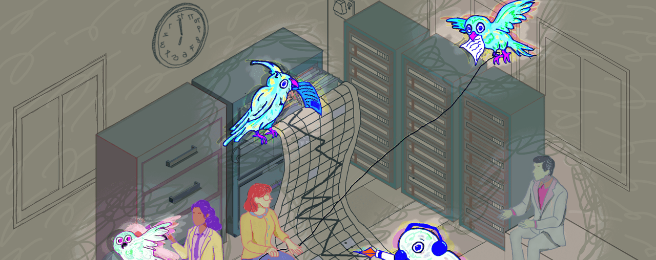 cartoon of people and parrots working in an archive room with line graphs on paper