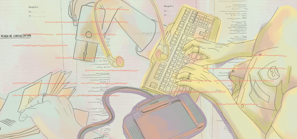 The image shows a superimposition of colourful illustrations representing different objects in a secretariat: in the background, printed minutes. Above, the hands of a medical secretary typing on her keyboard, the hands of another stamping envelopes. The headset and foot pedal in the foreground are essential tools for typing. In the foreground, the red zig-zags typical of ambient scribe errors streak across the image.