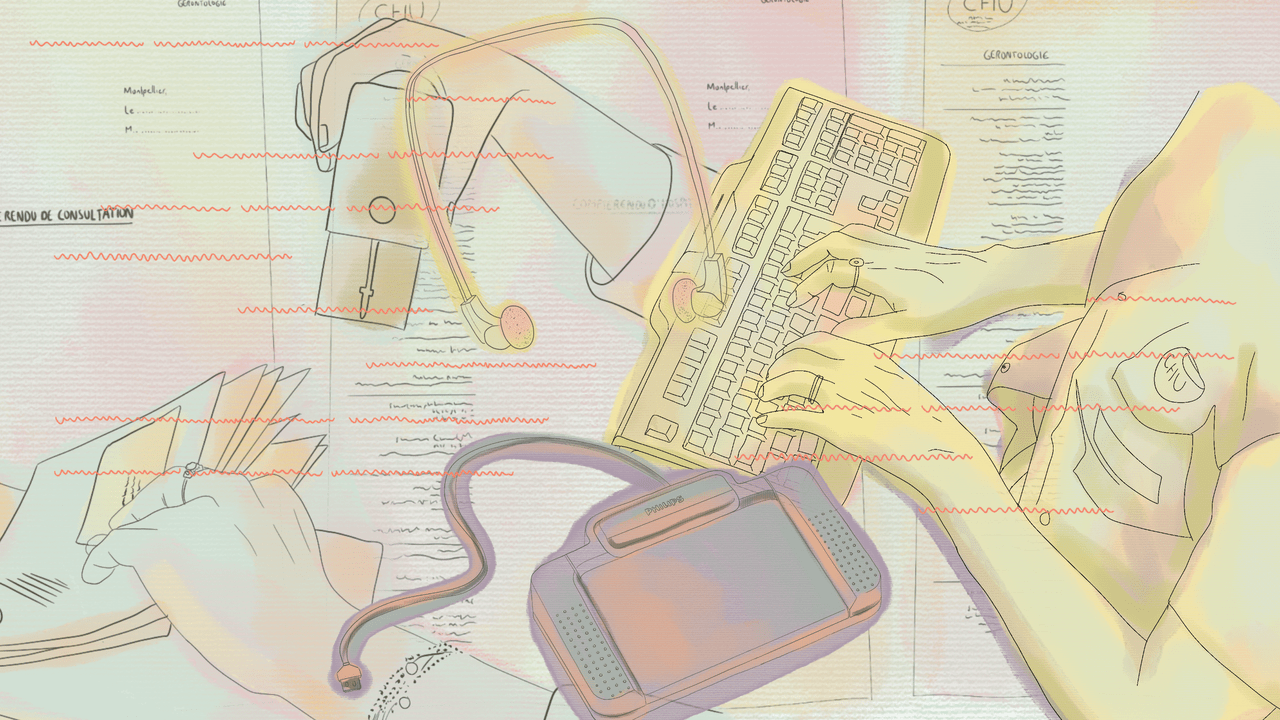 The image shows a superimposition of colourful illustrations representing different objects in a secretariat: in the background, printed minutes. Above, the hands of a medical secretary typing on her keyboard, the hands of another stamping envelopes. The headset and foot pedal in the foreground are essential tools for typing. In the foreground, the red zig-zags typical of ambient scribe errors streak across the image.