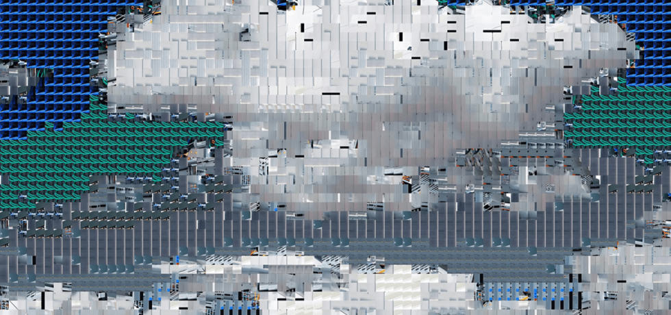 A mosaic-like image of clouds, made of server and data center components, symbolizing the hidden physical infrastructure of cloud computing.