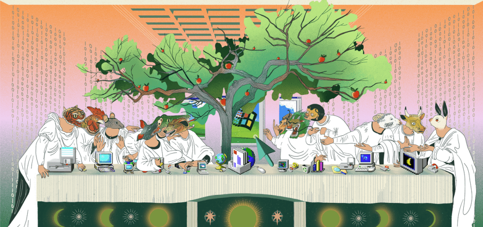 Twelve characters inspired by the twelve Chinese Zodiac animals are all gathered around a long square table. The characters each have a human like body, but their heads each represent different zodiac animals. On the table are various tools and machines related tp technology – like computers, hardrives, files, data charts, files and keyboards. The characters all seem to be engaging in conversation with one another. Behind the table is an apple tree, with red apples amongst the green leaves on the branches. The room's walls are gradient orange, pink, purple to green and there is a series of 01 lining the walls - representing binary code. At the back of the room there is a 'window' which is shaped like a traditiona; 'window' tab on a computer. Inside the window is the classic computer desktop depicting a green field and blue sky with clouds. In the centre of the window is an old style Microsoft logo.