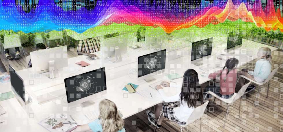 Students at computers with screens that include a representation of a retinal scanner with pixelation and binary data overlays and a brightly coloured datawave heatmap at the top.